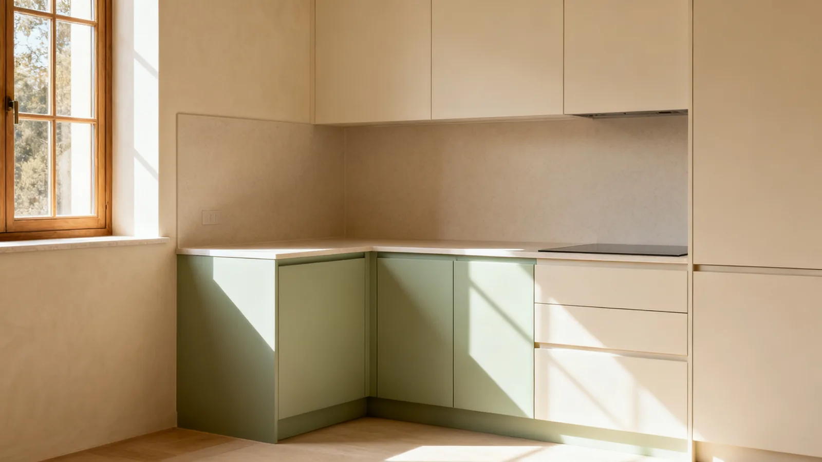 Rincón de cocina luminoso con mezcla de mate y satinado