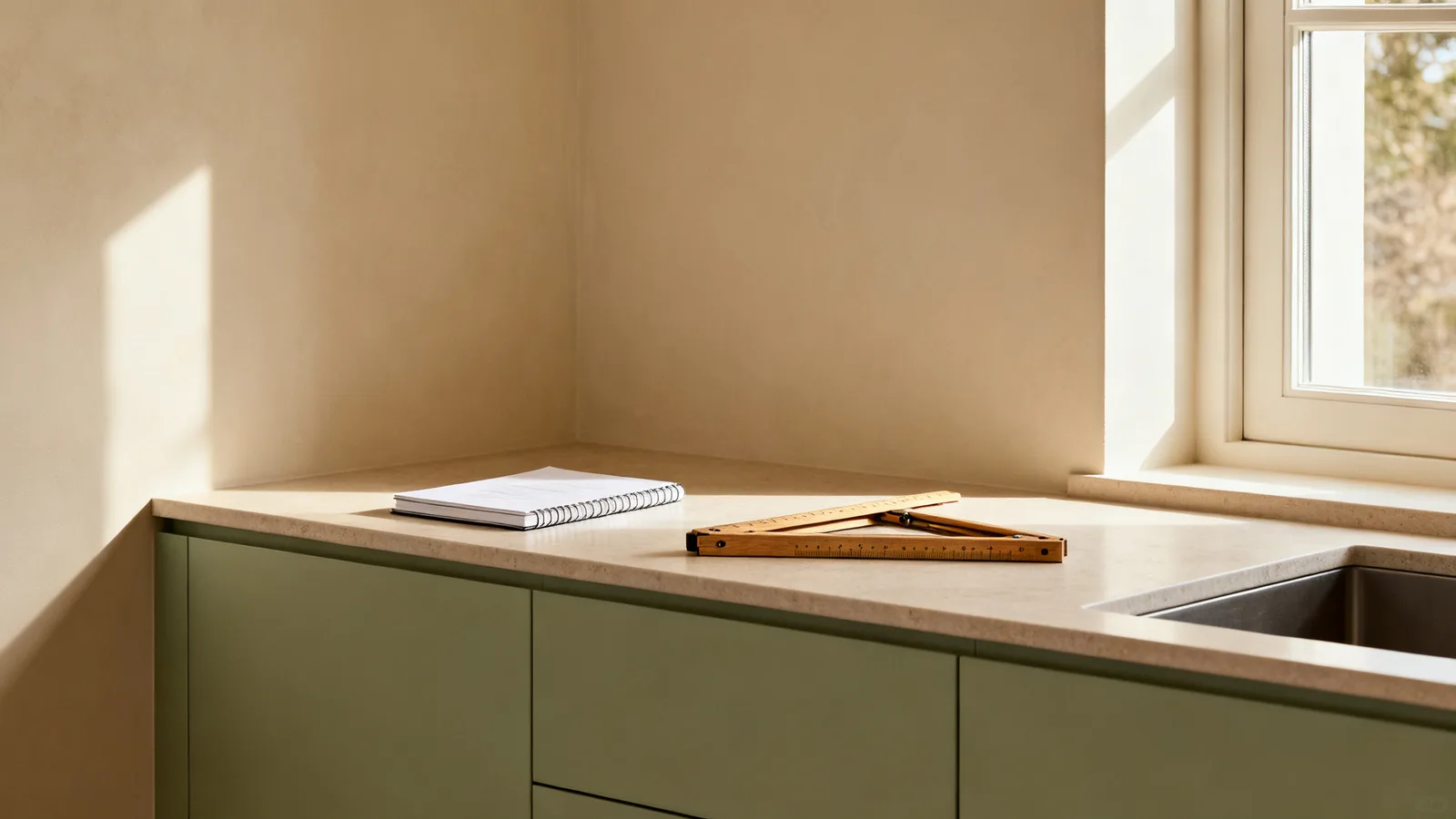 Cuaderno y metro plegable sobre la encimera