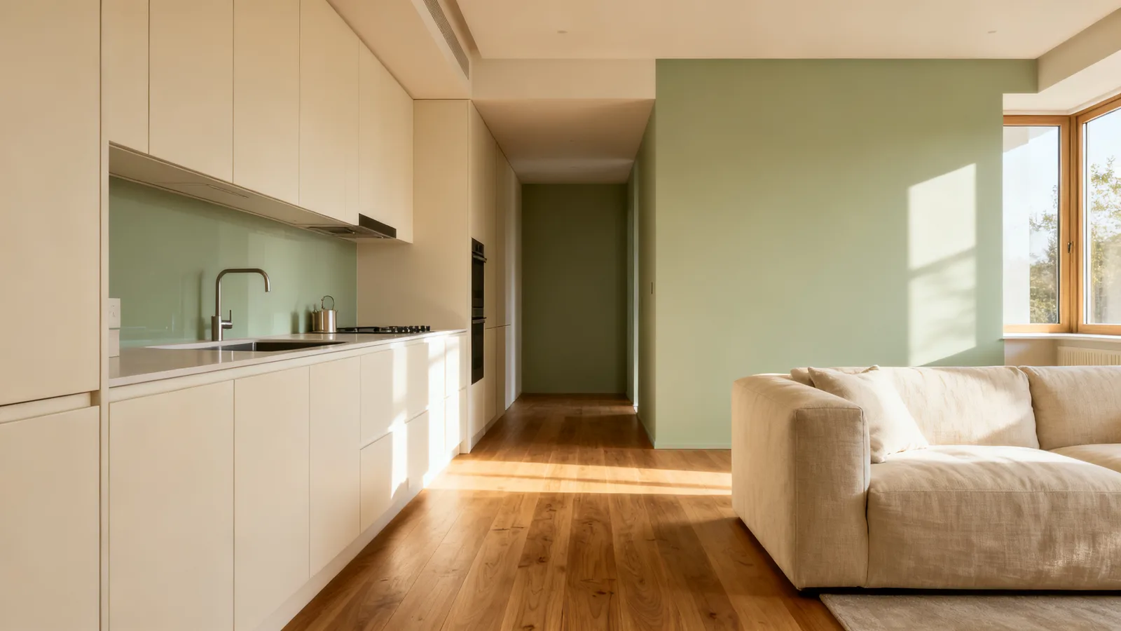 Cocina abierta al salón sin tabique, con el suelo de roble corrido entre las dos zonas