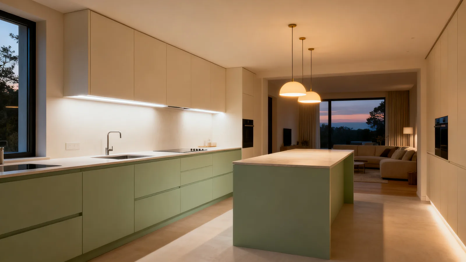 La misma cocina al atardecer: luz de trabajo bajo los altos y colgantes cálidos sobre la isla