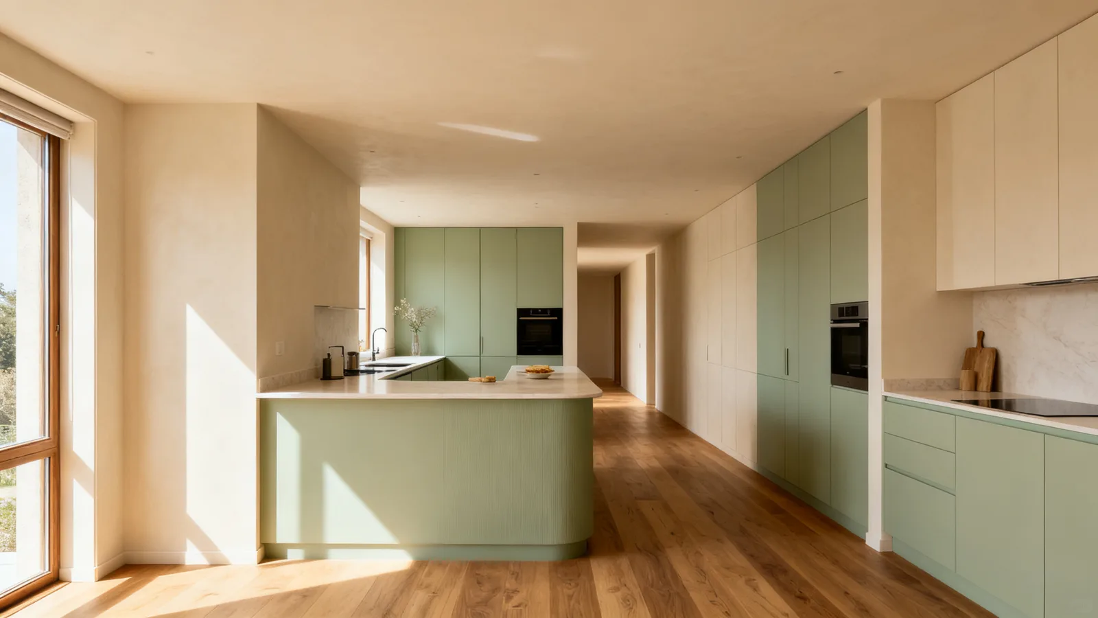 Península con barra que conecta cocina y salón