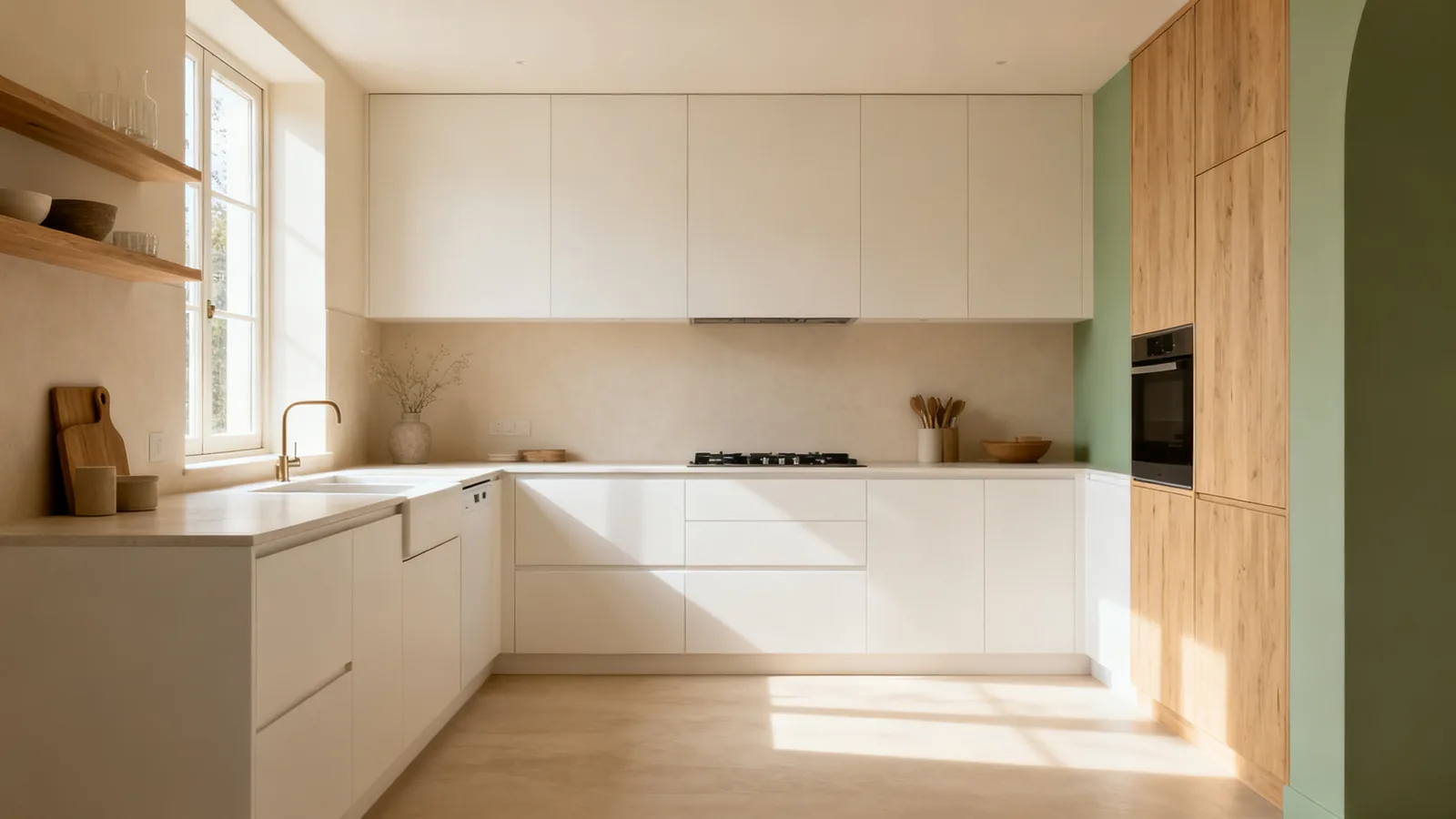 Cocina serena en blancos cálidos, arena y roble claro