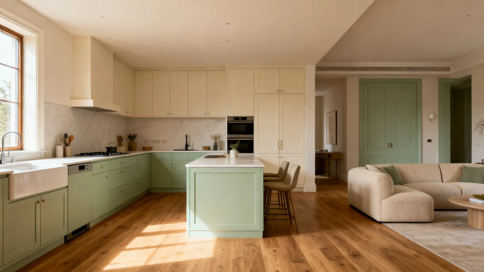 Cocina abierta al salón con paleta armonizada con el suelo de madera