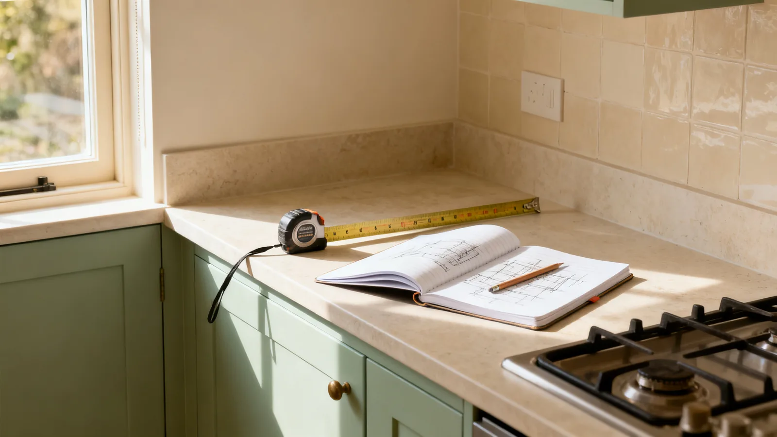 Metro y cuaderno de notas sobre la encimera de la cocina actual