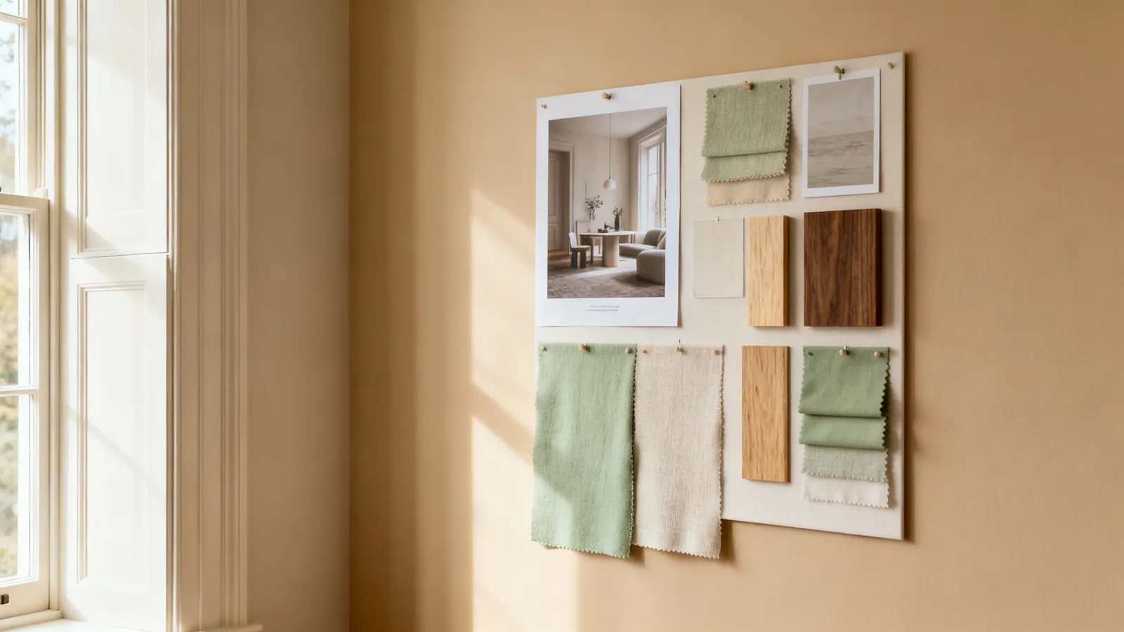 Moodboard con referencias, telas y muestras de madera