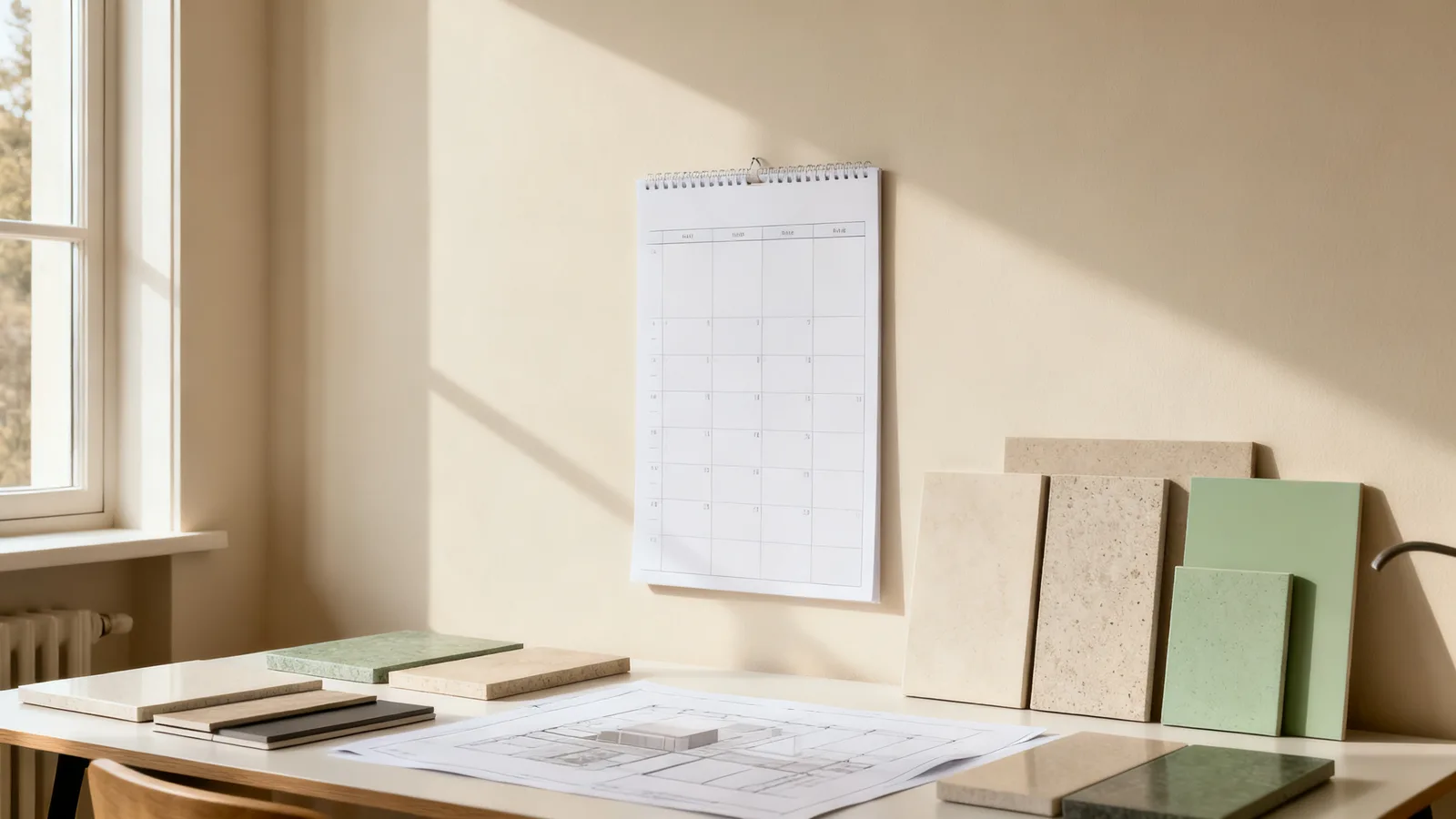 Calendario de proyecto junto a muestras de materiales