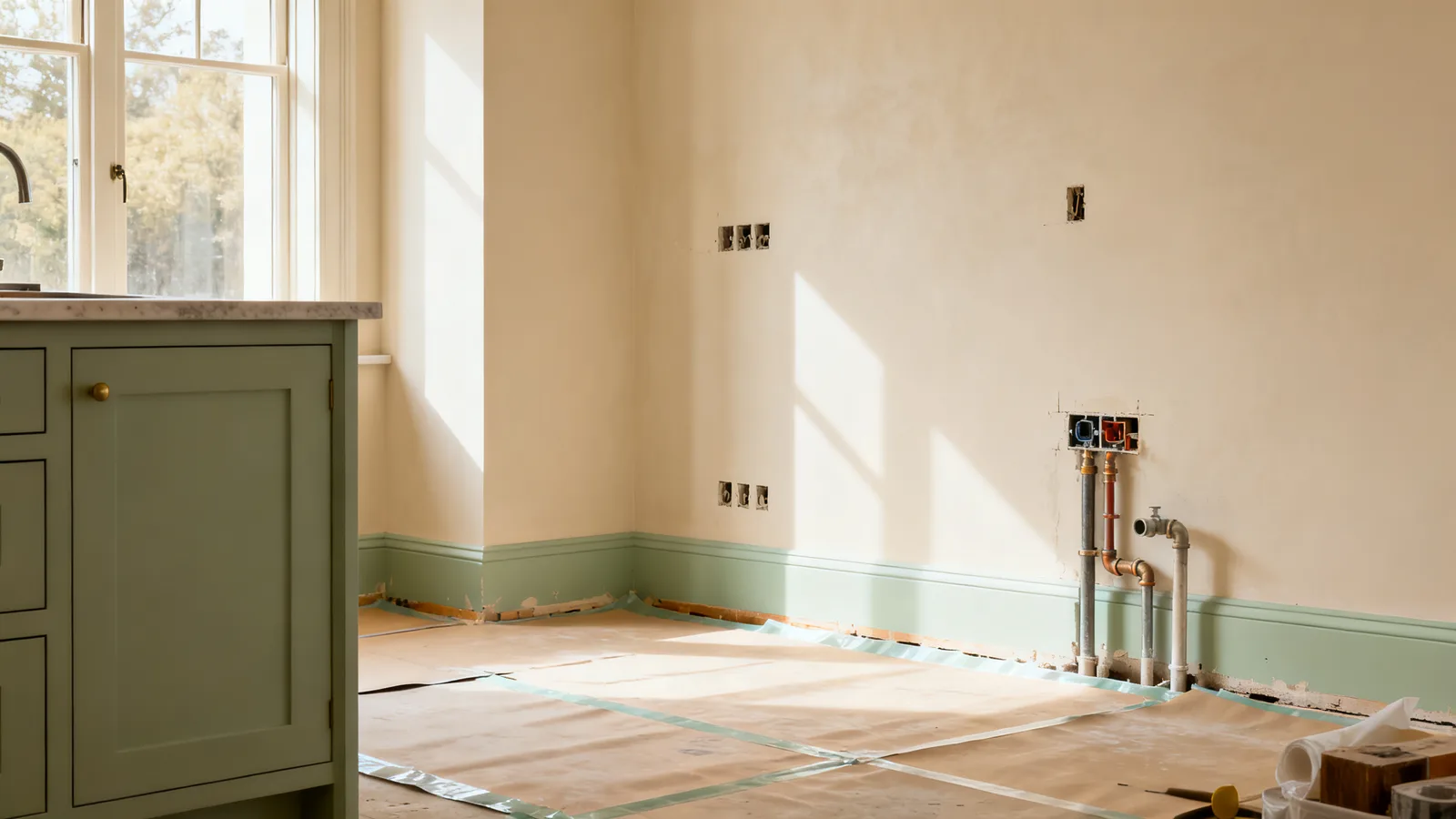 Cocina en obra con suelos protegidos e instalaciones nuevas
