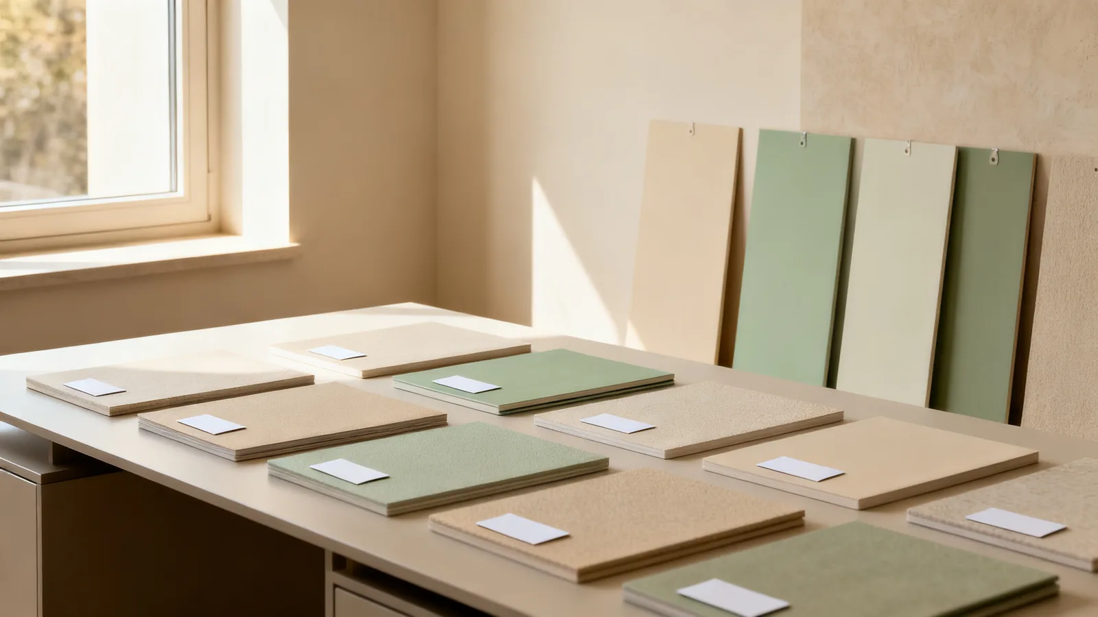 Muestras aprobadas y ordenadas sobre la mesa del estudio