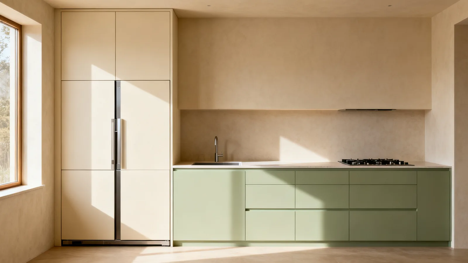 Frente de cocina leído como cinco zonas: despensa, frío, aguas, preparación y cocción