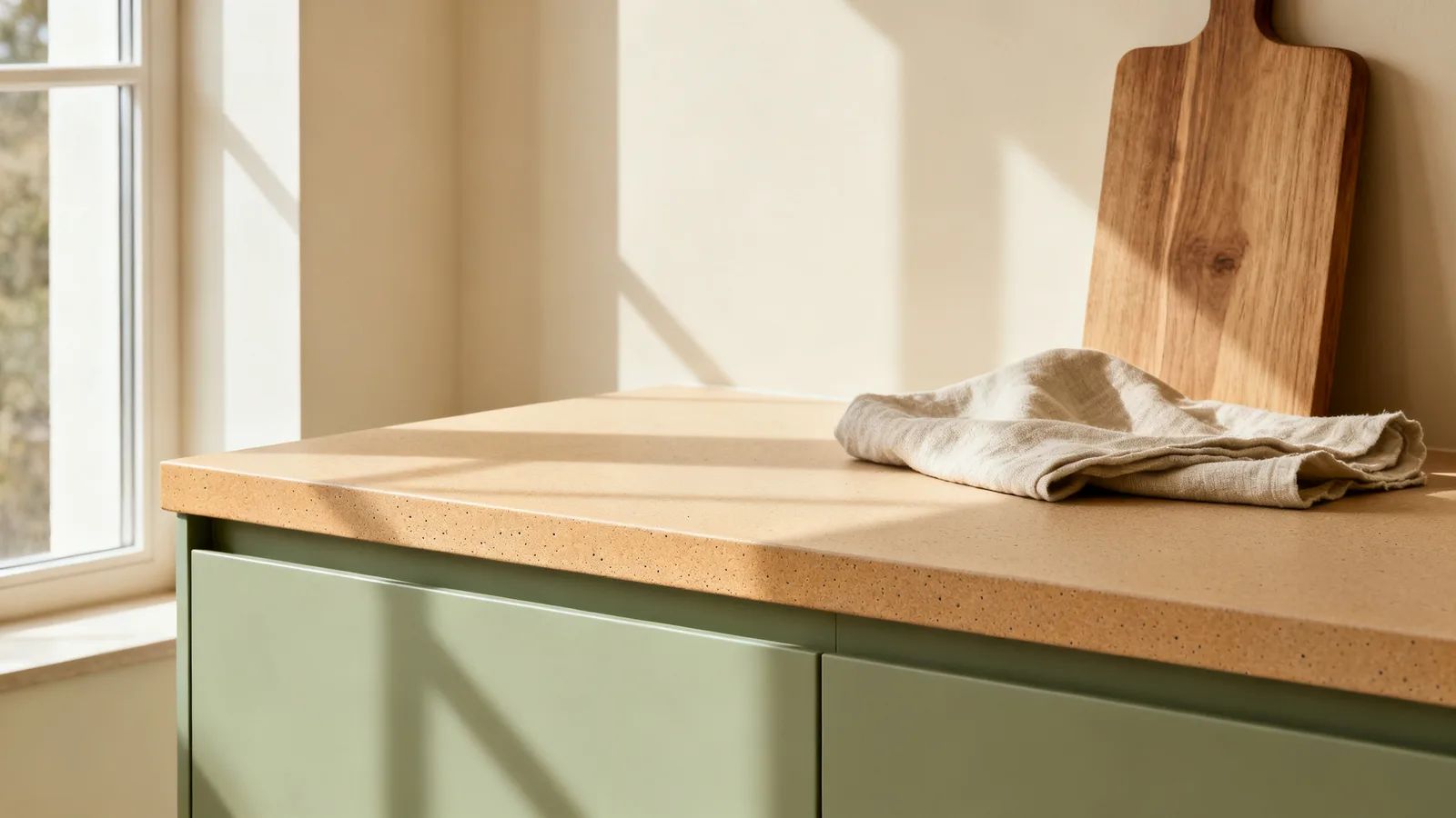 Encimera de laminado efecto cemento cálido con tabla de madera