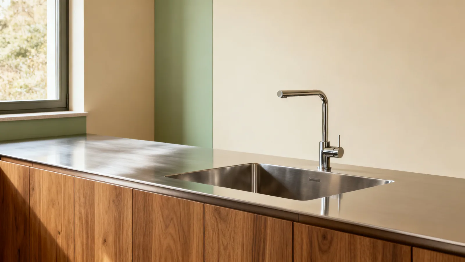 Encimera de acero inoxidable satinado con fregadero integrado