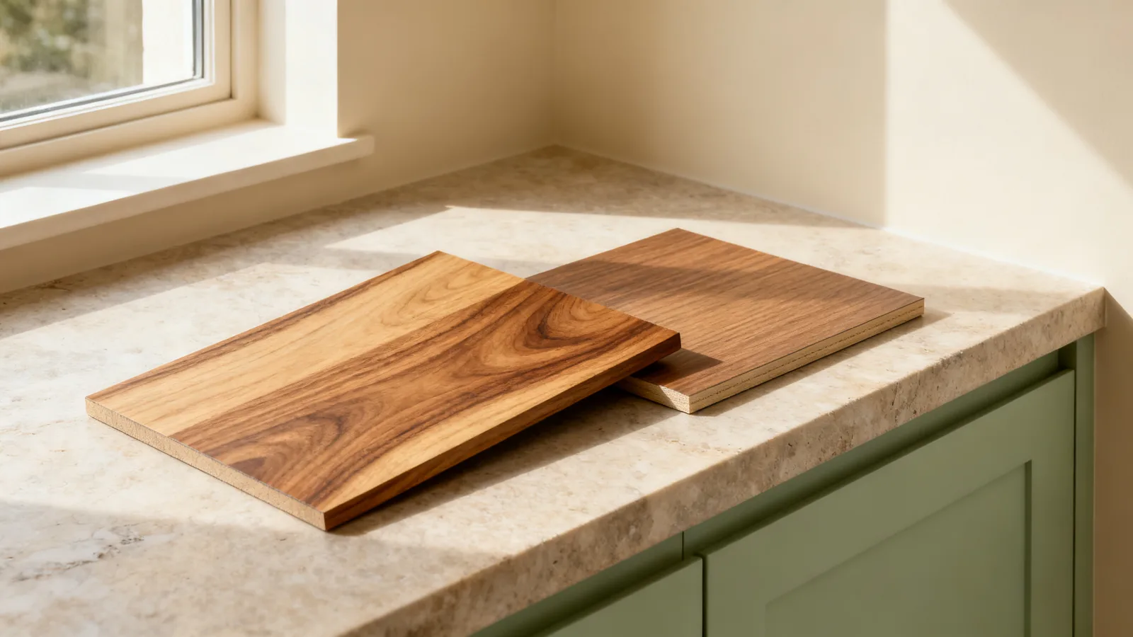 Muestra de chapa natural junto a muestra efecto madera