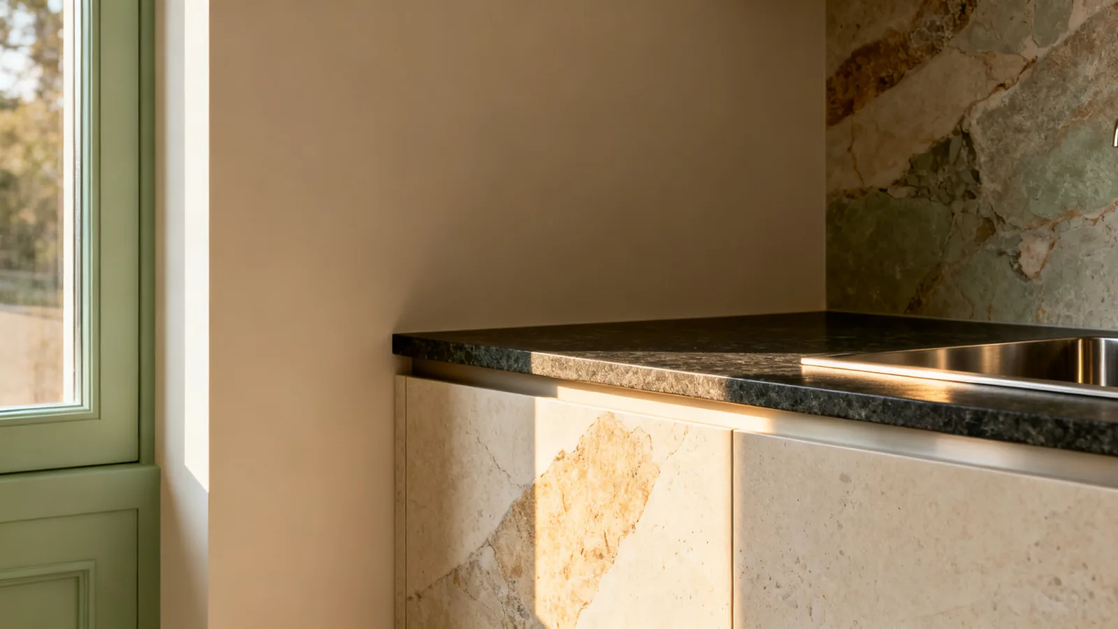 Porcelánico efecto piedra, encimera compacta y acero combinados