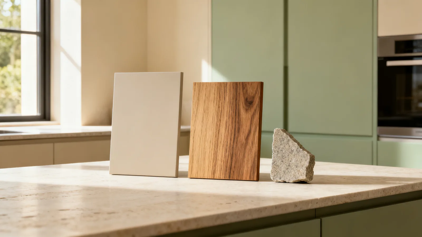 Tres muestras de acabado sobre la encimera: mate, madera y piedra