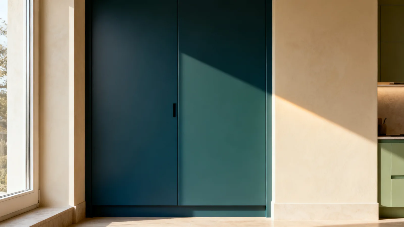 Puerta plana lacada en azul verdoso profundo