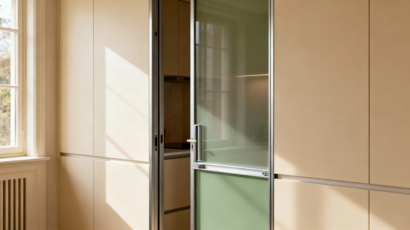 Puerta con marco interior de aluminio y panel de vidrio ahumado