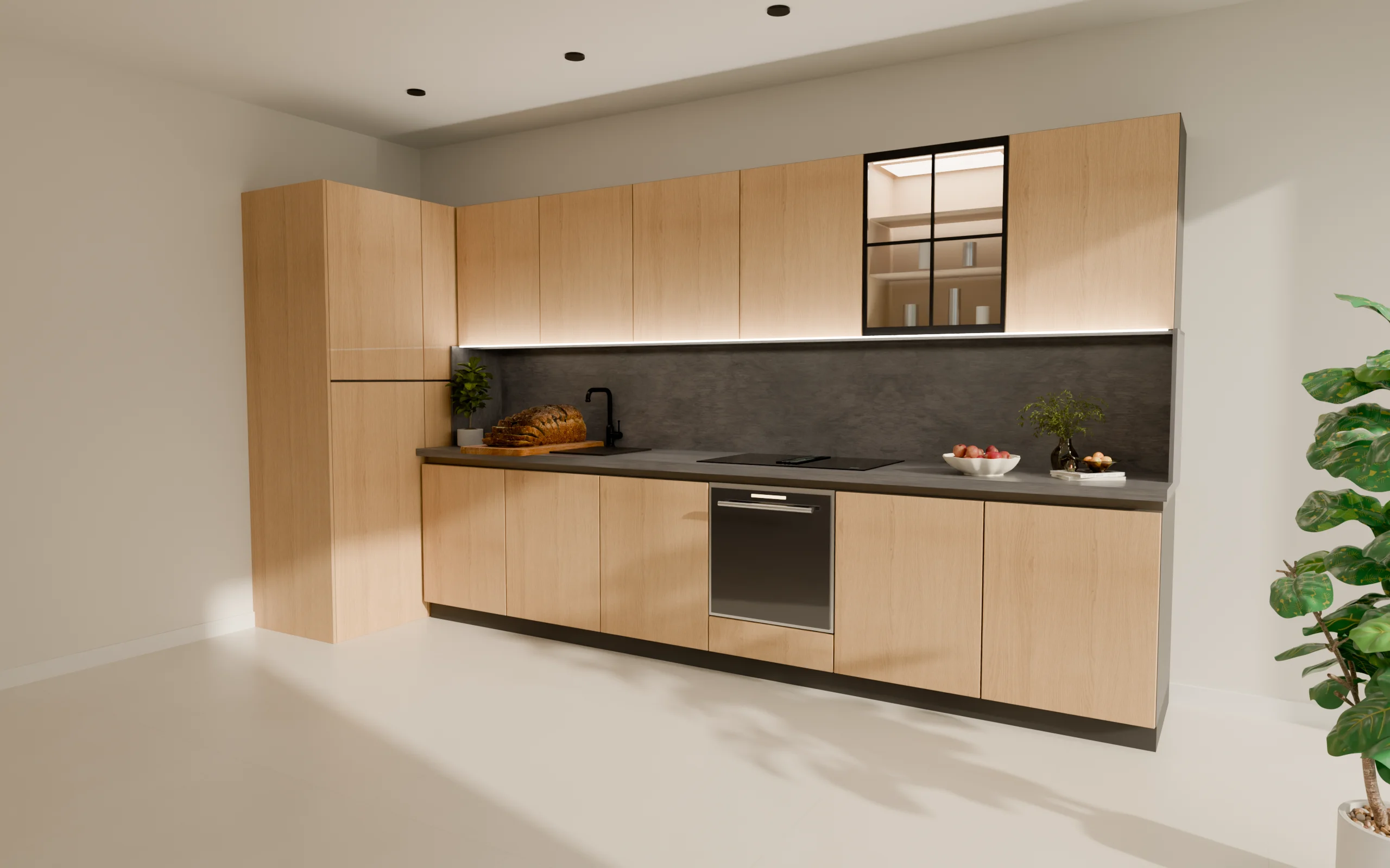 Cocina con frentes de chapa de roble y encimera de piedra antracita — imagen del configurador Lunari